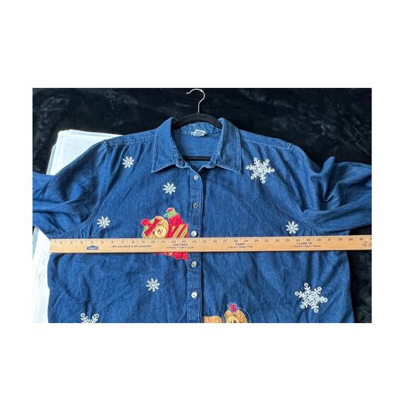 Fashion Bug size 30W Christmas button-up shirt denim teddy bears snow flakes - Picture 7 of 8